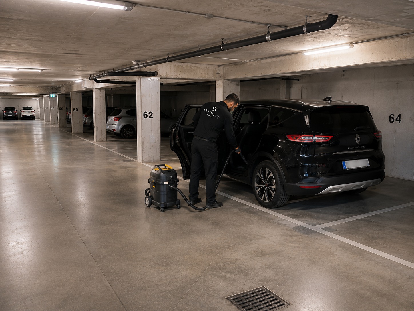 Technicien Sky Valet réalisant le nettoyage intérieur d'un véhicule pendant le stationnement